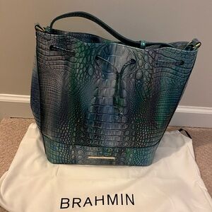 Brahmin Blue-Green Croc-Embossed Drawstring Tote